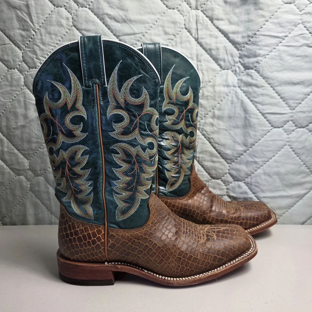 Nocona Womens Green and Brown Leather Pull On Cowgirl Boots Size 8B - Picture 6 of 10